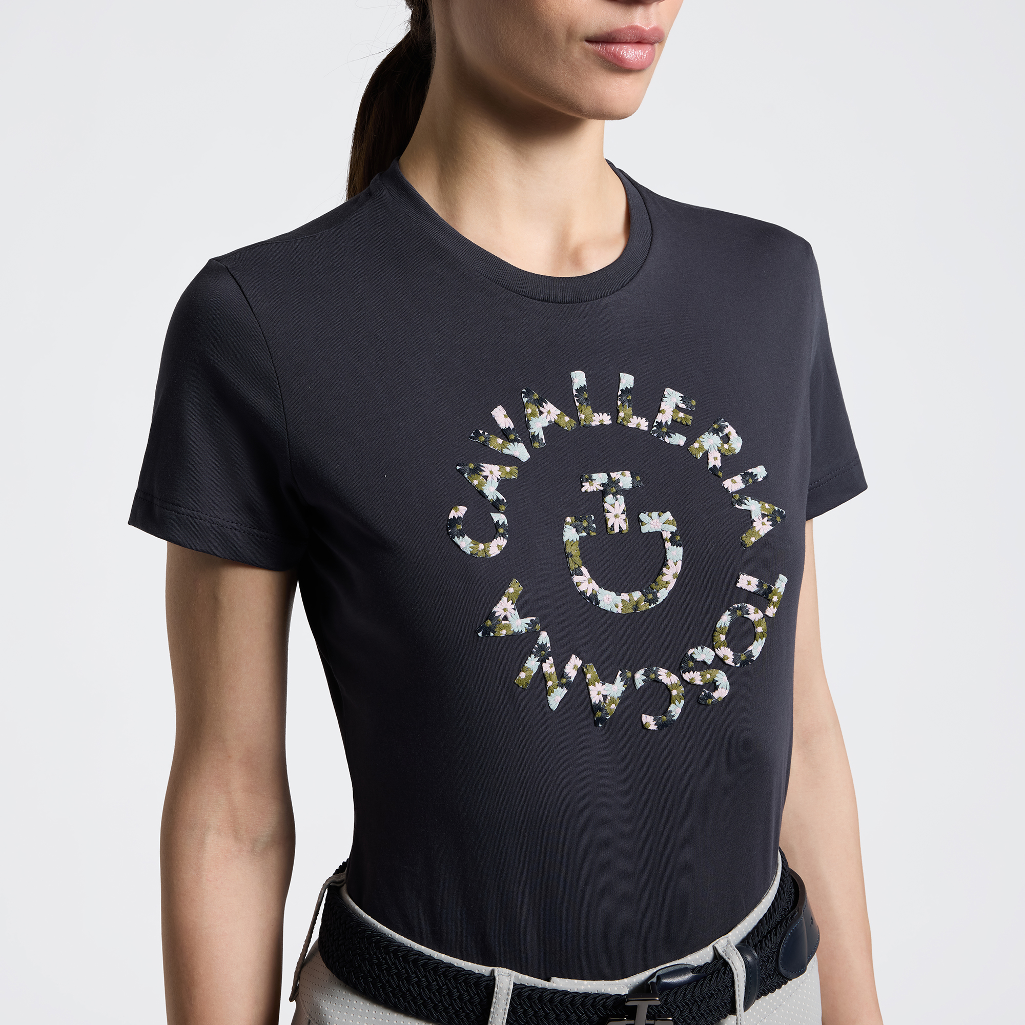 CT Womens Floral Embroidery Cotton T-Shirt - Charcoal