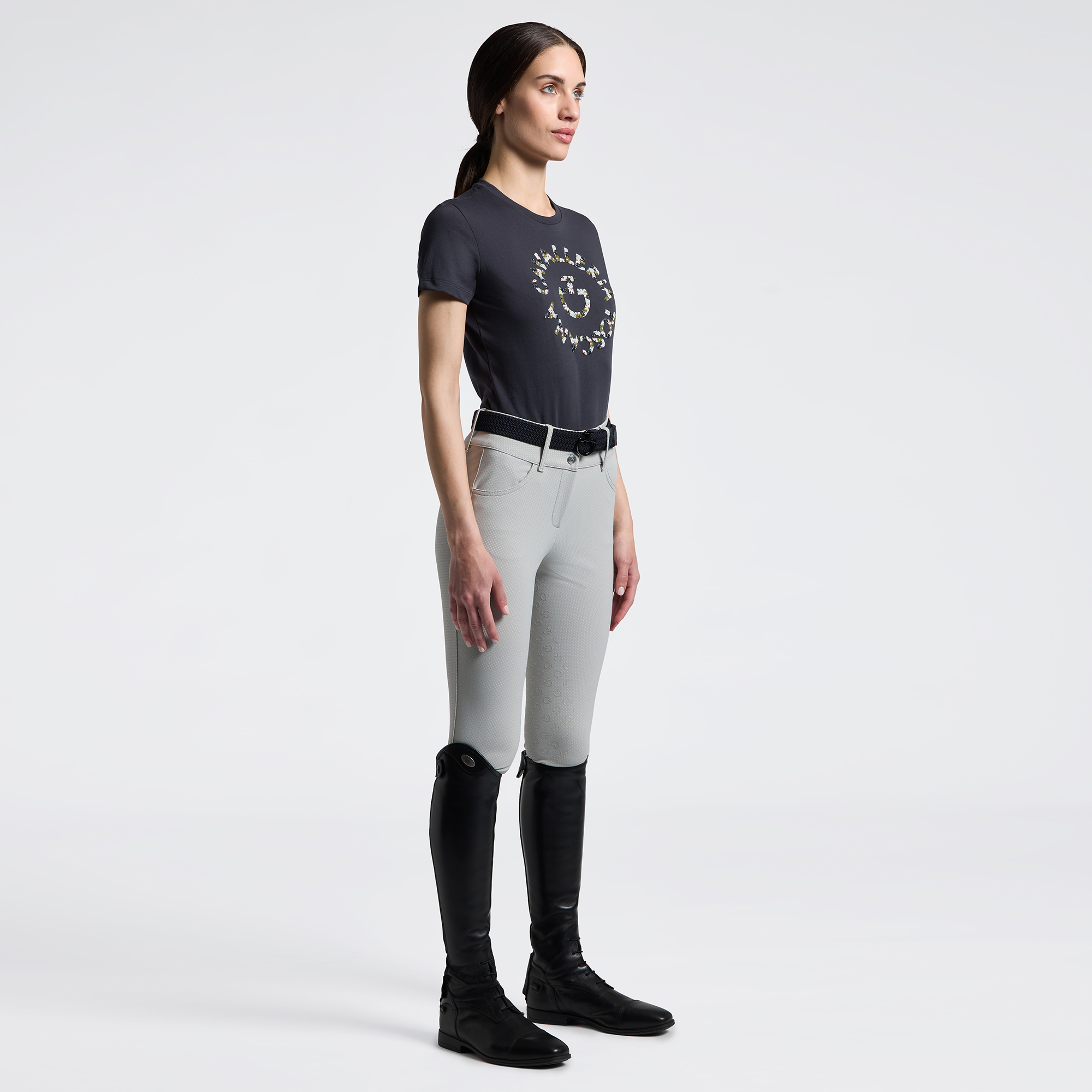 CT Womens Floral Embroidery Cotton T-Shirt - Charcoal - Image 3
